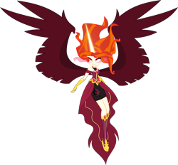 Size: 5000x4649 | Tagged: safe, artist:xebck, imported from derpibooru, sunset shimmer, solar eclipse (au), equestria girls, friendship games, absurd resolution, alternate universe, clothes, dark magic, female, fiery shimmer, magic, mane of fire, midnight-ified, necklace, redesign, role reversal, simple background, solo, sombra eyes, transparent background, vector, wings