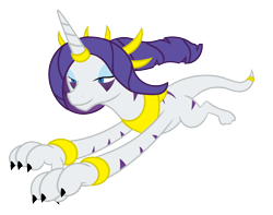 Size: 2500x1970 | Tagged: safe, artist:gatesmccloud, artist:skyspeardraw, imported from derpibooru, rarity, demon pony, bedroom eyes, chaos, claws, cmc10k, comic, corrupted, female, horn ring, jumping, simple background, slit eyes, slit pupils, smiling, solo, species swap, transparent background, vector