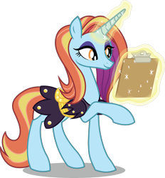 Size: 9178x9882 | Tagged: safe, artist:koolfrood, imported from derpibooru, sassy saddles, pony, unicorn, absurd resolution, clipboard, female, glowing horn, magic, magic aura, mare, raised hoof, simple background, smiling, solo, telekinesis, transparent background, vector