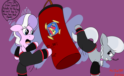 Size: 2500x1536 | Tagged: safe, artist:xwoofyhoundx, imported from derpibooru, apple bloom, diamond tiara, silver spoon, clothes, dialogue, duo, kicking, martial arts, punching bag, request, shorts