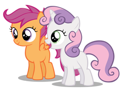 Size: 1200x881 | Tagged: safe, artist:hendro107, imported from derpibooru, scootaloo, sweetie belle, pegasus, pony, unicorn, crusaders of the lost mark, .psd available, blank flank, duo, duo female, female, filly, foal, open mouth, simple background, spread wings, transparent background, vector, wings