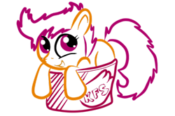 Size: 540x360 | Tagged: safe, artist:xplaycrazyx, imported from derpibooru, scootaloo, pegasus, pony, box, bucket, bucket of chicken, cute, cutealoo, female, filly, kfc, lineart, looking up, minimalist, modern art, pony in a box, scootachicken, simple background, smiling, solo, transparent background, wat