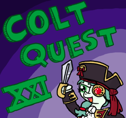 Size: 640x600 | Tagged: safe, artist:ficficponyfic, imported from derpibooru, oc, oc only, oc:emerald jewel, colt quest, amulet, child, clothes, colt, cute, cutlass, cyoa, eyepatch, femboy, foal, hat, logo, male, pirate, ponytail, recap, sword, trap, weapon