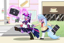 Size: 1500x1000 | Tagged: safe, artist:phoenixperegrine, imported from derpibooru, sunset shimmer, trixie, twilight sparkle, pony, semi-anthro, unicorn, bag, bipedal, blushing, cafe, clothes, counterparts, crosswalk, female, floppy ears, jealous, lesbian, levitation, magic, magical trio, open mouth, school uniform, schoolgirl, shipping, sidewalk, socks, sunsetsparkle, telekinesis, thigh highs, tsundere, twixie