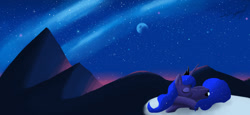 Size: 1864x858 | Tagged: safe, artist:majorlaughmaster, imported from derpibooru, princess luna, female, moon, mountain, night, prone, sleeping, snow, solo, stars