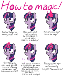 Size: 1280x1543 | Tagged: safe, artist:estrill, imported from derpibooru, twilight sparkle, :o, :t, cute, frown, glowing horn, how to draw, magic, magic aura, portrait, simple background, smiling, solo, tutorial, twiabetes, white background