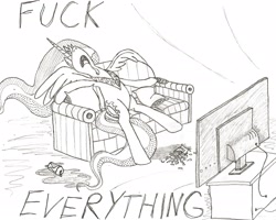 Size: 2962x2372 | Tagged: safe, artist:horselover fat, imported from derpibooru, princess celestia, couch, drool, female, grayscale, majestic as fuck, monochrome, sitting, sleeping, solo, television, traditional art, vulgar