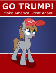 Size: 3000x3929 | Tagged: safe, artist:mlp-scribbles, imported from derpibooru, oc, oc only, oc:scribbles, pony, cap, cute, donald trump, hat, looking up, make america great again, mouthpiece, op is a duck, op is trying to start shit, open mouth, politics, politics in the comments, shadow, smiling, solo