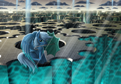 Size: 4000x2800 | Tagged: safe, artist:duskie-06, imported from derpibooru, oc, oc only, gears, ocean, rain, surreal, umbrella, waterfall