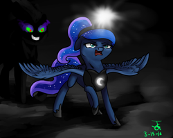 Size: 1000x800 | Tagged: safe, artist:joan-grace, imported from derpibooru, king sombra, princess luna, alicorn, pony, ethereal mane, evil grin, female, grin, hoof shoes, magic, male, mare, peytral, signature, smiling, sombra eyes, stallion, starry mane