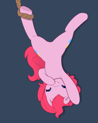 Size: 900x1125 | Tagged: safe, artist:joyfulinsanity, imported from derpibooru, pinkie pie, earth pony, pony, featureless crotch, female, hanging, hung upside down, solo, upside down