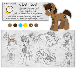 Size: 1280x1154 | Tagged: safe, artist:aisu-isme, imported from derpibooru, oc, oc only, oc:tick tock, cyborg, ask the creepy ponies, colt, eyes closed, frown, looking at you, male, prone, reference sheet, sitting, sleeping, smiling, underhoof, wink