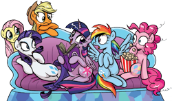 Size: 1149x677 | Tagged: safe, artist:brendahickey, edit, idw, imported from derpibooru, applejack, fluttershy, pinkie pie, rainbow dash, rarity, twilight sparkle, alicorn, pony, spoiler:comic, spoiler:comic40, background removed, book, couch, diva, draw me like one of your french girls, female, mane six, mare, pose, simple background, transparent background, twilight sparkle (alicorn)