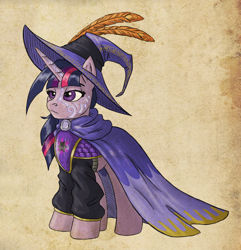 Size: 796x826 | Tagged: safe, artist:pooryorick, imported from derpibooru, part of a set, twilight sparkle, equestria divided, cape, clothes, feather, female, hat, solo, wizard hat