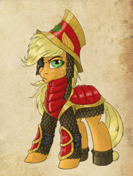 Size: 684x905 | Tagged: safe, artist:pooryorick, imported from derpibooru, part of a set, applejack, equestria divided, armor, eyepatch, female, solo