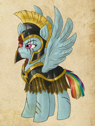 Size: 658x869 | Tagged: safe, artist:pooryorick, imported from derpibooru, part of a set, rainbow dash, equestria divided, armor, female, scar, scarred, solo