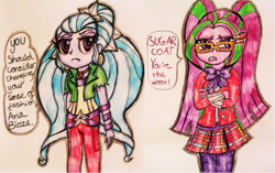 Size: 3126x1958 | Tagged: safe, artist:blazingdazzlingdusk, imported from derpibooru, aria blaze, sugarcoat, equestria girls, friendship games, rainbow rocks, alternate clothes, alternate costumes, drawing, requested art, traditional art