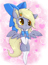 Size: 1280x1750 | Tagged: safe, artist:zokkili, imported from derpibooru, derpy hooves, pegasus, pony, bow, bowtie, clothes, colored eyelashes, female, mare, solo, stockings, thigh highs