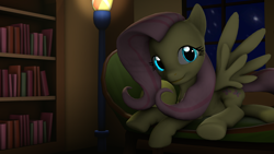 Size: 1920x1080 | Tagged: safe, artist:majorrainbow, imported from derpibooru, fluttershy, 3d, book, bookshelf, couch, female, lamp, looking at you, night, prone, solo, source filmmaker