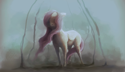 Size: 2938x1703 | Tagged: safe, artist:sharpieboss, imported from derpibooru, fluttershy, dark, female, floppy ears, folded wings, solo, standing, windswept mane