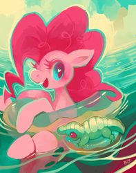 Size: 900x1145 | Tagged: dead source, safe, artist:purplekecleon, imported from derpibooru, gummy, pinkie pie, earth pony, pony, female, floating, inner tube, mare, open mouth, smiling, water