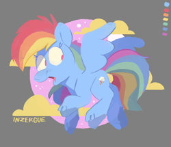 Size: 1000x861 | Tagged: safe, artist:inzergue, imported from derpibooru, rainbow dash, cloud, female, flying, looking back, open mouth, signature, solo