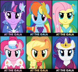 Size: 900x840 | Tagged: safe, artist:alexstrazse, imported from derpibooru, applejack, fluttershy, pinkie pie, rainbow dash, rarity, twilight sparkle, earth pony, pegasus, pony, unicorn, applejack's hat, at the gala, clothes, cowboy hat, dress, female, gala dress, hat, jewelry, mane six, mare, stetson, tiara, unicorn twilight