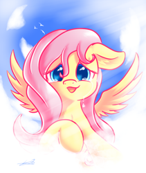 Size: 1024x1212 | Tagged: safe, artist:freeedon, imported from derpibooru, fluttershy, pegasus, pony, cloud, crying, female, floppy ears, flying, joy, looking at you, mare, open mouth, raised hoof, sky, smiling, solo, spread wings, story in the source, stray strand, tears of joy, teary eyes, wings