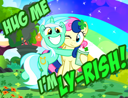 Size: 1200x927 | Tagged: safe, artist:pixelkitties, imported from derpibooru, bon bon, lyra heartstrings, sweetie drops, earth pony, pony, unicorn, adorabon, bad pun, clover, cute, female, food, four leaf clover, hug, irish, irrational exuberance, lesbian, lyrabetes, lyrabon, lyrish, mare, milkshake, pun, saint patrick's day, shipping, smiling