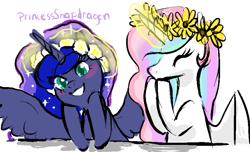 Size: 597x363 | Tagged: safe, artist:princesssnapdragon, imported from derpibooru, princess celestia, princess luna, floral head wreath, flower, smiling