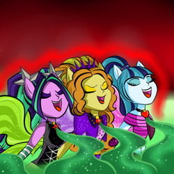 Size: 1500x1500 | Tagged: safe, artist:itsnotdaijoubu, imported from derpibooru, adagio dazzle, aria blaze, sonata dusk, equestria girls, rainbow rocks, fin wings, ponied up, singing, the dazzlings