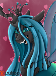 Size: 812x1102 | Tagged: safe, artist:crecious, imported from derpibooru, queen chrysalis, changeling, changeling queen, fangs, female, looking at you, open mouth, smiling, solo