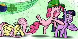 Size: 928x472 | Tagged: safe, artist:changeling #209458, imported from derpibooru, fluttershy, pinkie pie, twilight sparkle, alicorn, pony, female, mare, pinch, saint patrick's day, style change, twilight sparkle (alicorn)