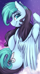 Size: 730x1333 | Tagged: safe, artist:meggchan, imported from derpibooru, oc, oc only, oc:liz, pegasus, pony, bedroom eyes, ear piercing, earring, female, jewelry, looking at you, piercing, pinup, smiling, solo