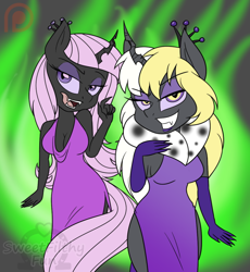 Size: 720x783 | Tagged: safe, artist:dativyrose, artist:sweetfilthyfun, imported from derpibooru, fleur-de-lis, oc, oc only, oc:queen papillon, oc:queen vaspira, anthro, changeling, changeling queen, bedroom eyes, changeling queen oc, changelingified, chibi, clothes, dress, female, licking, licking lips, patreon, patreon logo, purple changeling, species swap, tongue out, yellow changeling