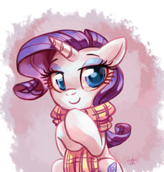 Size: 944x991 | Tagged: safe, artist:lightof-dawn, imported from derpibooru, rarity, pony, unicorn, bedroom eyes, clothes, cute, female, mare, raribetes, scarf, signature, smiling, solo, style emulation, whitediamonds-ish