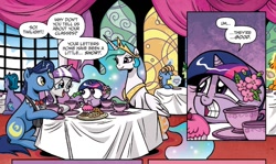 Size: 1400x833 | Tagged: safe, artist:brendahickey, idw, imported from derpibooru, night light, princess celestia, spike, twilight sparkle, twilight velvet, alicorn, dragon, pony, unicorn, spoiler:comic, spoiler:comic40, :i, awkward, baby spike, blushing, faic, filly, filly twilight sparkle, um