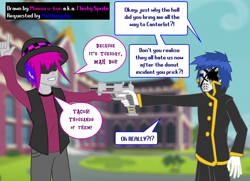 Size: 1350x975 | Tagged: safe, artist:momoiro-kun, imported from derpibooru, oc, oc only, oc:flashy sprite, equestria girls, aoishinigami, comic, humanized, taco tuesday, weapon