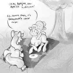 Size: 2000x2000 | Tagged: safe, artist:lisa400, imported from derpibooru, applejack, cherry jubilee, 30 minute art challenge, apple, apple pie, dialogue, food, monochrome, outdoors, picnic, pie, prone, puffy cheeks, tree