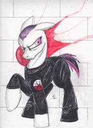 Size: 1701x2338 | Tagged: safe, artist:scribblepwn3, imported from derpibooru, oc, oc only, earth pony, pony, blood, crossover, pen drawing, pink, pink floyd, solo, the wall, traditional art, watercolor painting