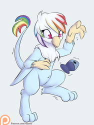 Size: 1200x1600 | Tagged: safe, artist:alasou, imported from derpibooru, rainbow dash, fish, griffon, female, gray background, griffonized, my little griffon, patreon, patreon logo, playing, rainbow griffon, rubber, simple background, solo, species swap