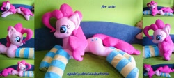 Size: 1336x597 | Tagged: safe, artist:agatrix, imported from derpibooru, pinkie pie, clothes, irl, life size, photo, plushie, socks, solo, striped socks