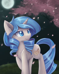 Size: 3600x4500 | Tagged: safe, artist:ardail, imported from derpibooru, oc, oc only, oc:opuscule antiquity, pony, unicorn, cherry blossoms, female, mare, moon, night, solo, tree