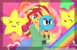 Size: 4408x2890 | Tagged: safe, artist:minusclass, imported from derpibooru, sunset shimmer, cat, equestria girls, candy, crossover, female, food, gumball watterson, meme, solo, the amazing world of gumball