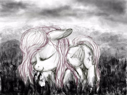 Size: 4000x3000 | Tagged: safe, artist:plotcore, imported from derpibooru, fluttershy, eyes closed, female, floppy ears, flower, folded wings, grayscale, monochrome, mountain, neo noir, partial color, smiling, solo