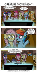 Size: 1674x3214 | Tagged: safe, artist:zsparkonequus, imported from derpibooru, applejack, fluttershy, pinkie pie, rainbow dash, rarity, twilight sparkle, alicorn, earth pony, pegasus, pony, unicorn, colored pupils, comic, commission, couch, creature feature, criticism, dialogue, eyes closed, faint, female, food, mane six, mare, movie, popcorn, scared, soda drink hat, speech bubble, television, thousand yard stare, twilight sparkle (alicorn)