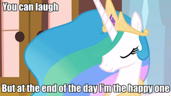 Size: 960x540 | Tagged: safe, edit, edited screencap, imported from derpibooru, screencap, princess celestia, sweet and elite, caption, content celestia, female, image macro, meme, reaction image, solo