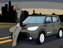 Size: 6600x5100 | Tagged: safe, artist:askdukepony, imported from derpibooru, oc, oc only, oc:order compulsive, absurd resolution, car, city, kia, kia soul, overcoat, smiling, smog, solo, sunglasses