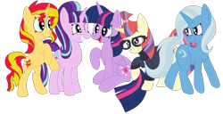 Size: 3792x1936 | Tagged: safe, artist:squipycheetah, imported from derpibooru, moondancer, starlight glimmer, sunset shimmer, trixie, twilight sparkle, alicorn, pony, unicorn, amending fences, equestria girls, counterparts, folded wings, happy, looking up, magical quintet, missing accessory, one eye closed, open mouth, raised hoof, simple background, smiling, standing, tongue out, transparent background, twilight sparkle (alicorn), twilight's counterparts, vector, watermark