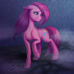 Size: 2200x2200 | Tagged: safe, artist:souladdicted, imported from derpibooru, pinkie pie, female, pinkamena diane pie, rain, raised hoof, sad, solo